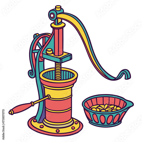 Colorful vintage water pump with bowl of seeds machine
