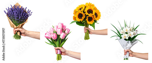 Collection of hands holding different flower bouquets of lavender, tulips, and sunflowers