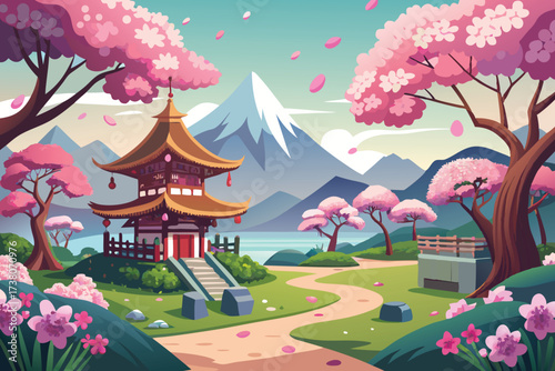 Japanese Landscape with Pagodas, Blossoming Trees, Pond, and Distant Mountains