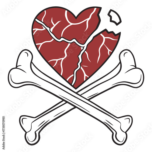 Cracked red heart with white veins crossed by white bones