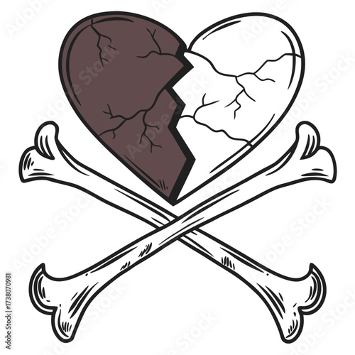 Cracked heart with crossed bones symbol broken heart