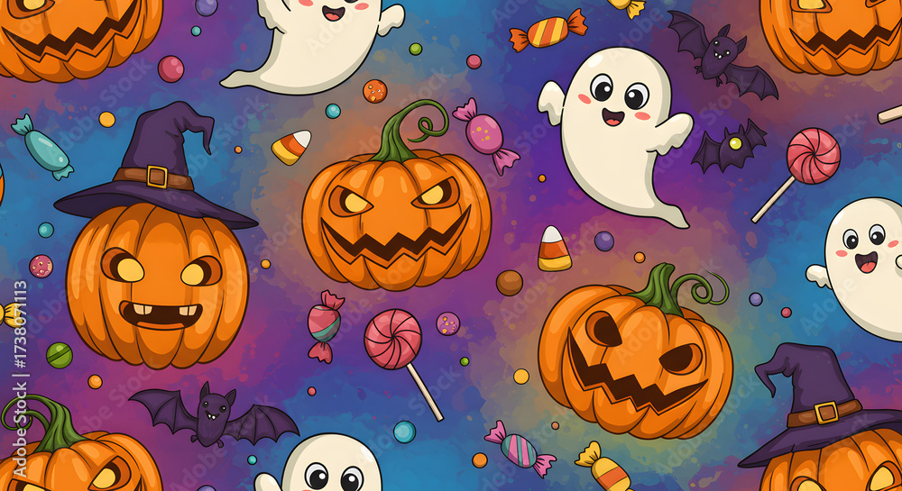 Fototapeta premium Cute Halloween pattern with Pumpkins Ghosts Bats