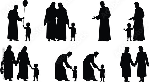 Adult, child, interaction, silhouette, family, parenting, guidance, care, communication, walking, balloon, gesture, cad drawing flat vector illustration