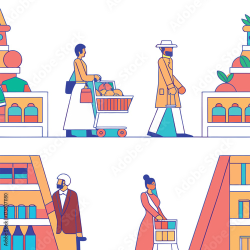 Cartoon vector illustration of a family shopping in the city