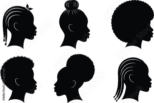 African hairstyle silhouettes, cad drawing flat vector illustration, black profile heads, natural hair, cornrows, afro styles, puff bun, culture