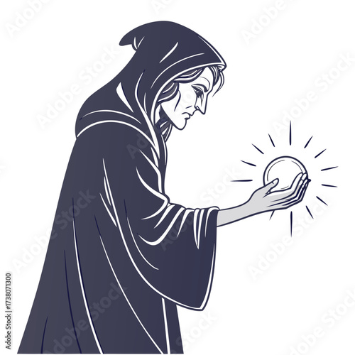 Dark robed figure holds glowing orb in outstretched hand