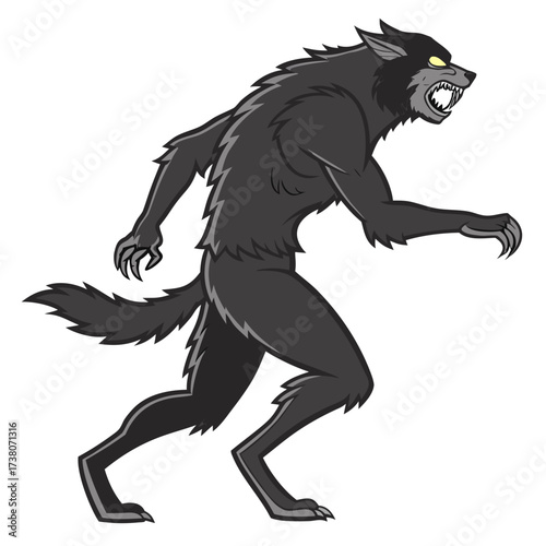 Dark werewolf with yellow eyes snarling on white background