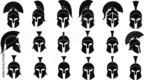 Ancient helmet silhouettes, cad drawing flat vector illustration, Greek Roman armor, historical headgear, warrior style, black icons, antique design