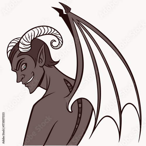 Demon with ram horns and bat wings smiling devil monster 1