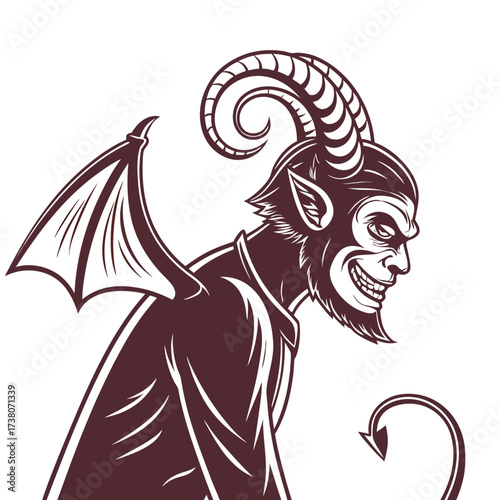 Demon with ram horns and bat wings smiling devil monster