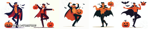 vector of a man in a Dracula costume dancing at a Halloween celebration