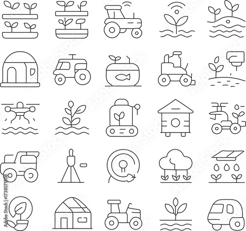 An Illustration depicting the future of agriculture, showcasing a range of technological advancements and sustainable practices in a crisp, clean graphic.