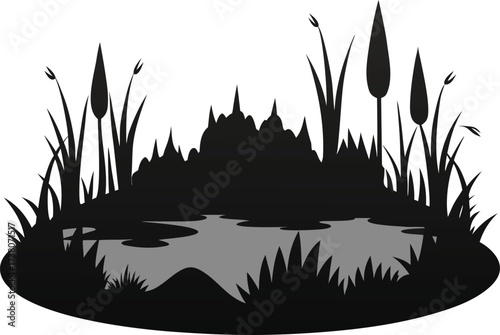 Silhouette of a tranquil pond with reeds and a distant mountain range