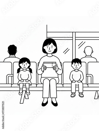 Mother and children wait with tickets at terminal.
