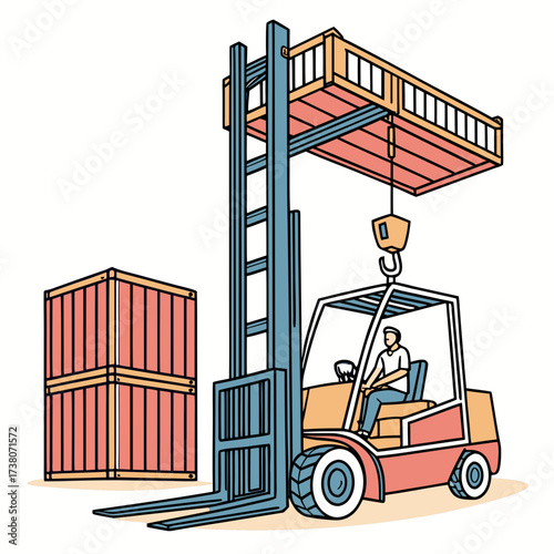 Forklift machine lifting cargo container with operator