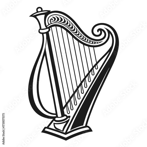 Elegant harp illustration in black and white