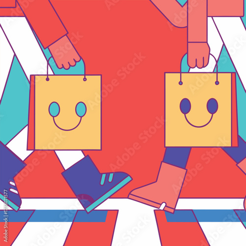 Whimsical shopping bags walking with human legs on a busy city crosswalk