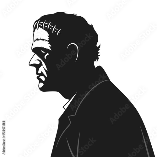 Frankenstein monster profile silhouette with stitches