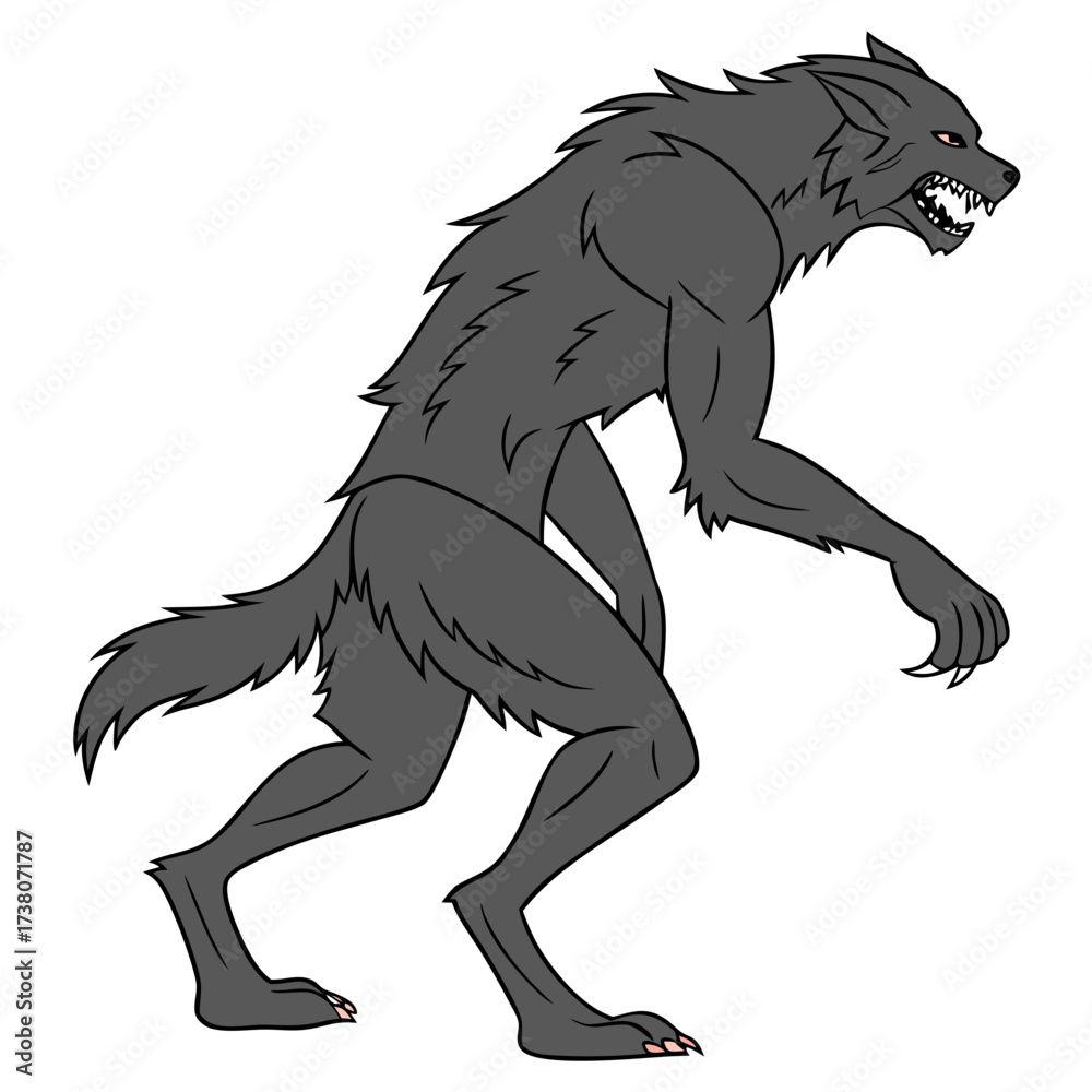 Obraz premium Gray werewolf snarling with sharp teeth and claws monster