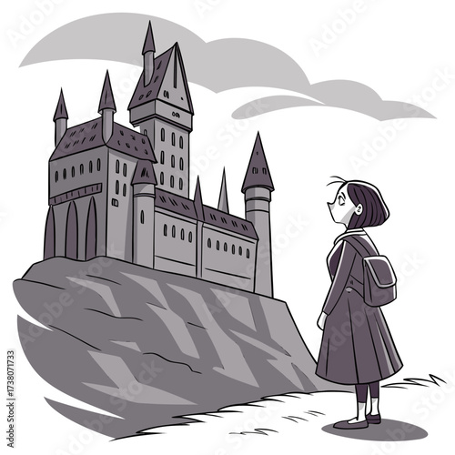 Girl with backpack looks at gothic castle on hill architecture
