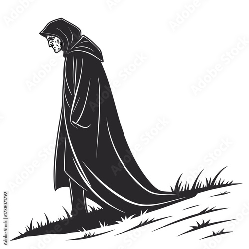 Grim figure in a hooded cloak walking on grass cloaked