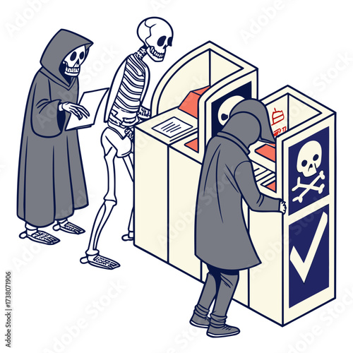 Grim Reaper skeleton and hooded figure at A T M death