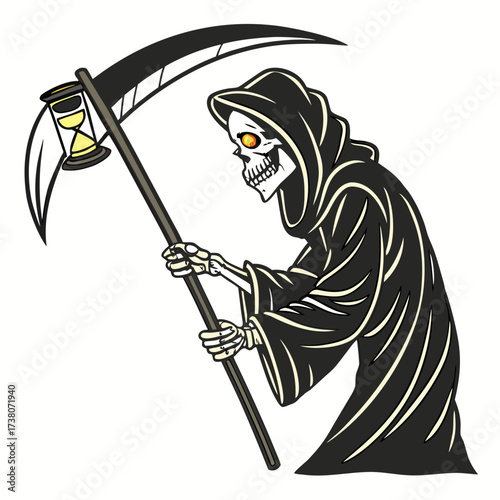 Grim Reaper skeleton holding hourglass scythe death