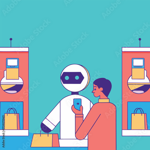 Minimalist illustration of a futuristic AI-powered personal shopper robot assisting a human in a holographic marketplace