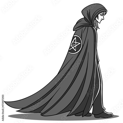 Hooded figure with pentagram on cloak walking occult