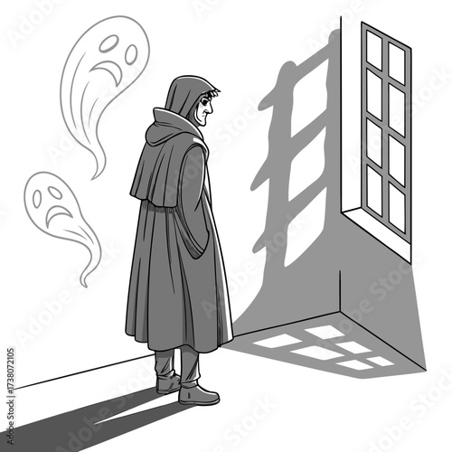 Hooded figure with sad ghosts and window shadows spooky