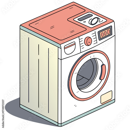 Isometric cartoon washing machine with coral and cream colors