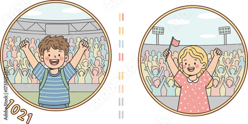 Children cheering in stadium, flat vector illustration, joyful kids crowd scene, cartoon style celebration, waving flags, cad drawing flat vector illustration