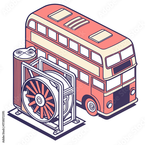 Isometric double decker bus and radiator fan machine