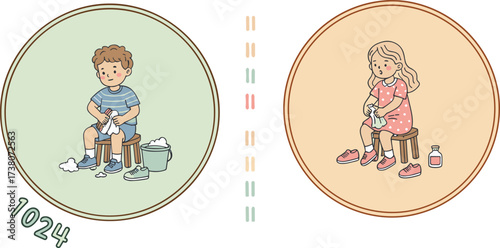 Children cleaning shoes vector illustration, boy and girl shoe care, household chore, flat cartoon style, educational activity concept