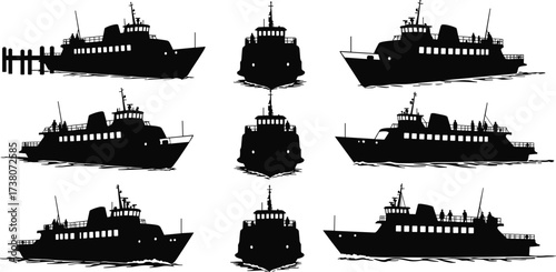 Black silhouette ferry boat collection with multiple angles, docked pier, nautical transport, marine vessel illustrations, industrial watercraft, passenger ship vector