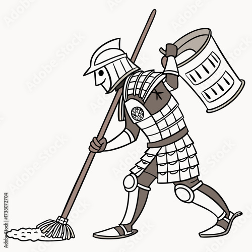 Knight in armor mopping floor with bucket cleaning