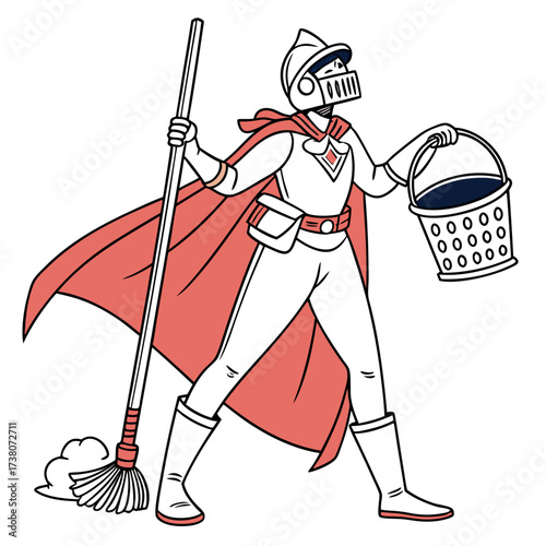 Knight in armor with mop and bucket helmet cape