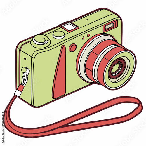 Light green digital camera with red accents and strap