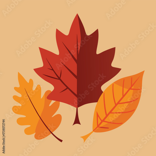 Three stylized autumn leaves in warm fall colors on a neutral background