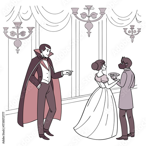 Man in cape offers drink to woman at formal event masquerade