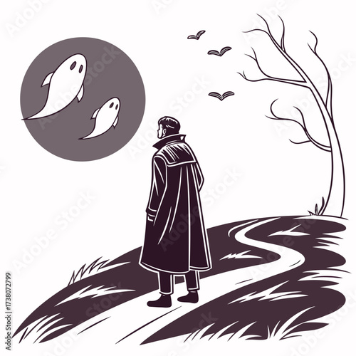 Man in trench coat facing two ghosts under a moon night