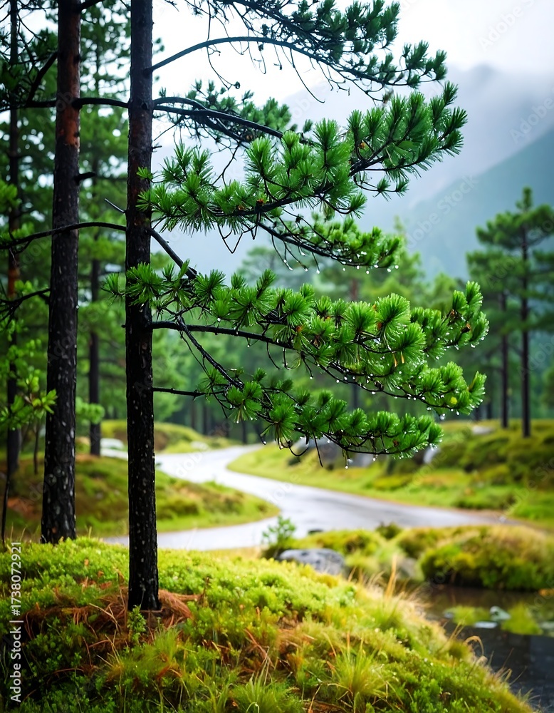 Fototapeta premium Winding road through a lush forest after rain