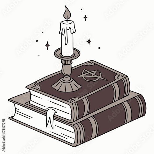 Melting candle on stack of occult books with pentagram