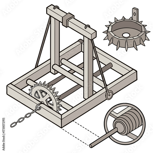 Medieval Trap Mechanism With Spiked Wheel And Chain