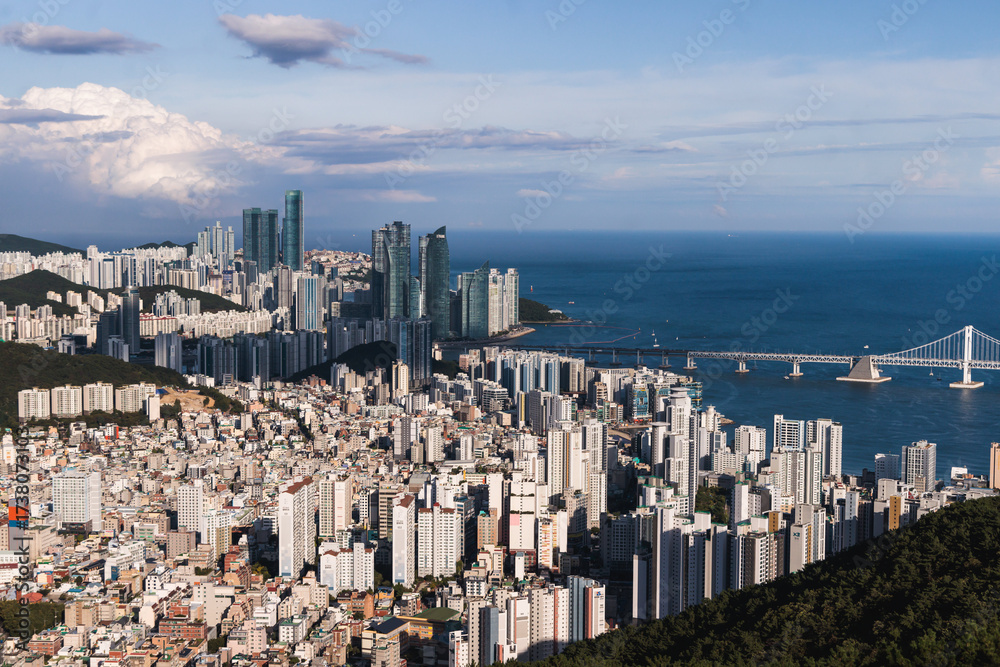 Fototapeta premium Busan city panorama beautiful skyline view from Hwangnyeongsan mountain observatory, Busan port, Gwangan bridge and harbor bay, South Korea, Yeongnam district, sunny day, travel to Republic of Korea