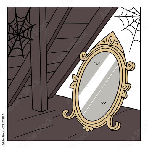 Ornate mirror in dusty attic with cobwebs vector