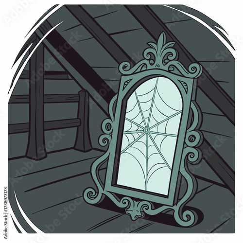 Ornate mirror with spiderweb reflection in dusty attic