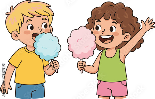 Children eating cotton candy, cartoon kids at fair, joyful snack moment, playful scene, sweet treat fun, cad drawing flat vector illustration