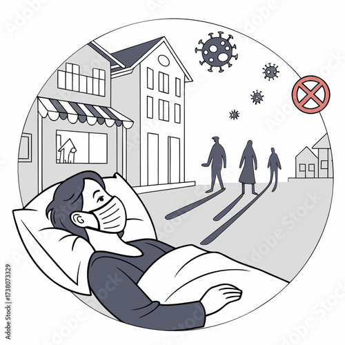 Person in bed wearing mask with virus and city scene