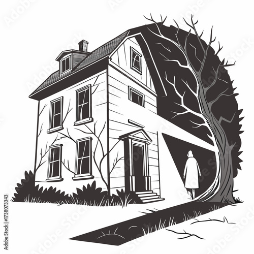 Person in cloak approaches spooky house under bare tree
